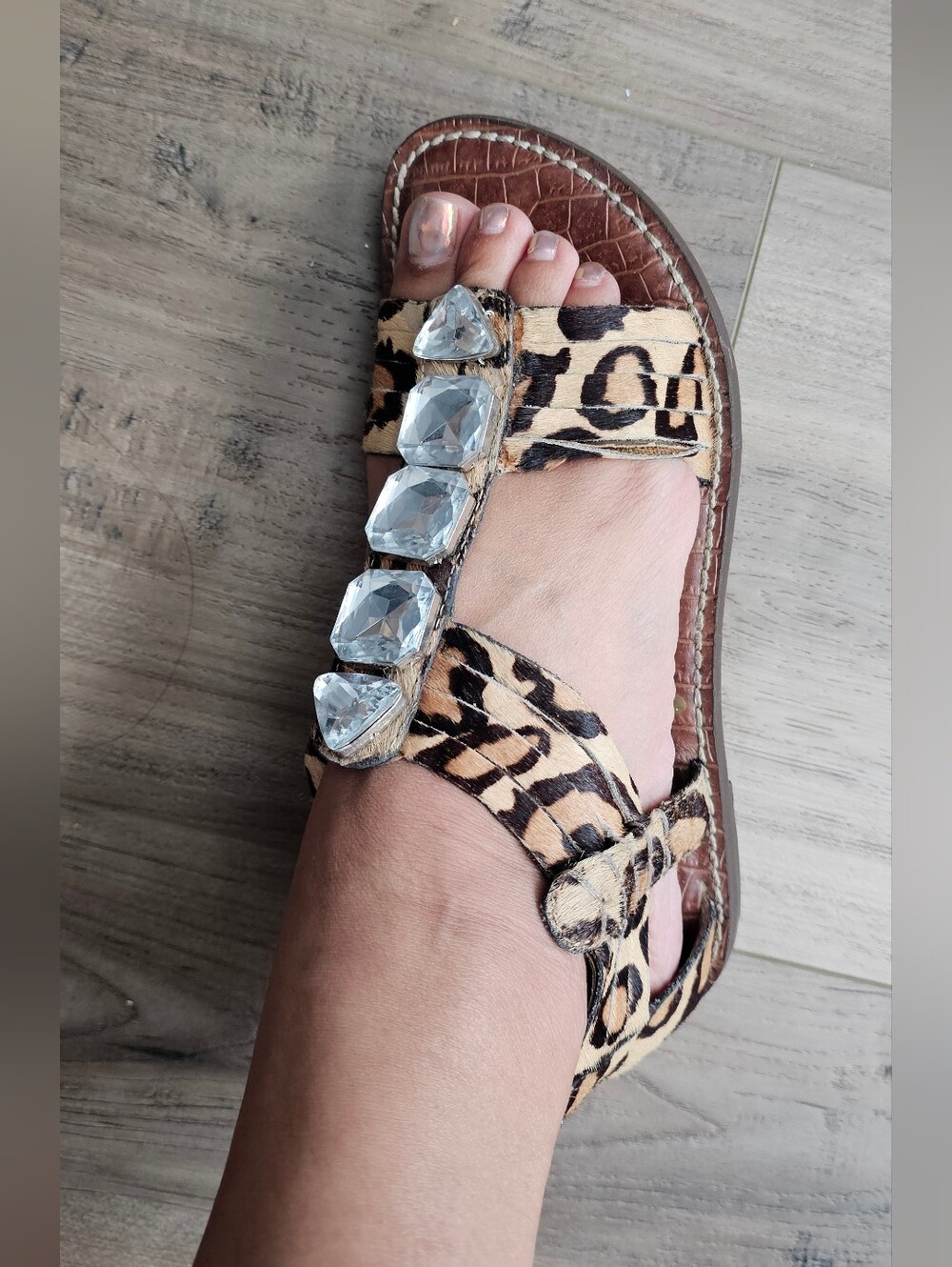 Sam Edelman Leopard Print Gem-Embellished Women's Sandals - Brown